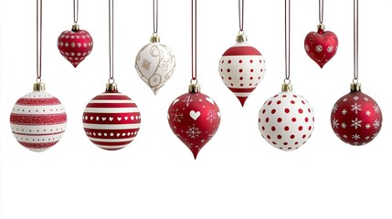 A set of red and white Christmas ornaments featuring stripes, polka dots, hearts, and snowflakes, isolated on a white background, perfect for festive decor and seasonal celebrations.