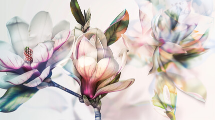 Banner with blooming magnolias in delicate pink and blue tones