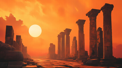 Naklejka premium The elliptical arrangement of ancient marble pillars is accompanied by an orange sky. Ecliptical. Illustration