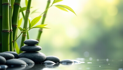 Serene Zen garden: Stacked stones, bamboo, and tranquil water. Find your inner peace in this minimalist nature scene.