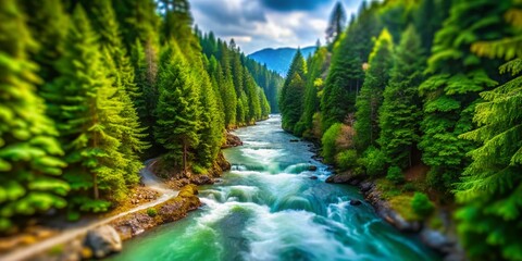 Fototapeta premium Cleveland Dam River, North Vancouver Tilt-Shift Photography: Fast-Flowing Water, Lush Forest, British Columbia Landscape