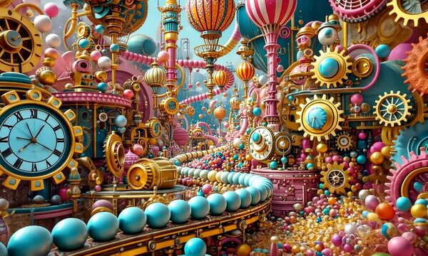 Surreal candy clockwork a mesmerizing assembly line of candy machinery in perpetual motion