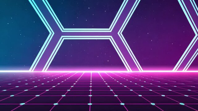 A luminous gradient of bright cyan and vivid purple showcasing a series of hexagons and parallelograms that create a honeycomb illusion reminiscent of retro futuristic aesthetics.