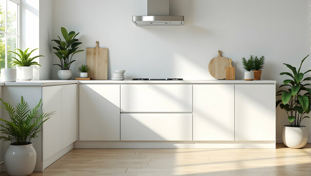 Sunlit minimalist kitchen, serene ambiance. White cabinets, wooden accents, and lush greenery create a calming atmosphere. Perfect for modern living.