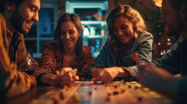 Friends playing a board game at home, laughing and enjoying their time together.