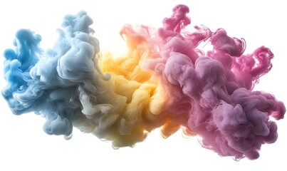 Obraz premium Colorful smoke plume with swirling shapes against a white background.