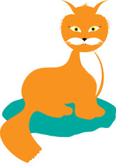 A cute red-haired cat is sitting on a turquoise rug.