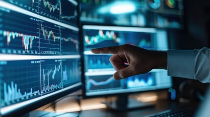Fototapeta premium Hand pointing at stock market data on multiple computer screens in a dark room.