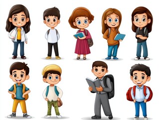 A colorful illustration of diverse children in various poses and outfits, showcasing youth and education.