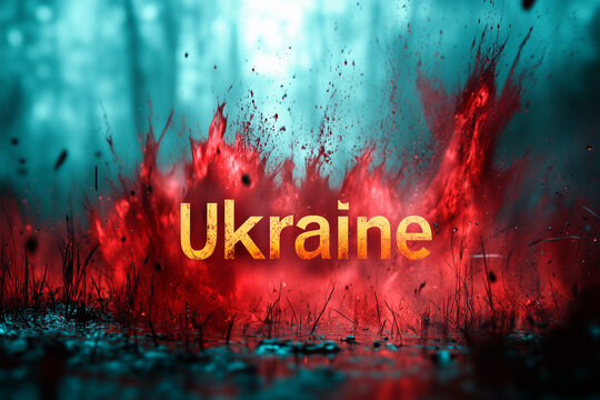 text: "Ukraine" blody red color melting with drops and splashes
