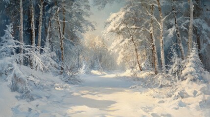 Obraz premium Sunlit Winter Path Through Snow Covered Forest