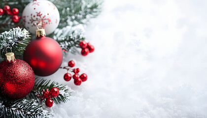 Festive Christmas ornaments adorn snowy pine branches