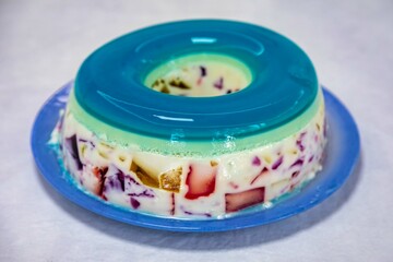 Special Christmas dessert, colored gelatin, marbled gelatin or rainbow gelatin