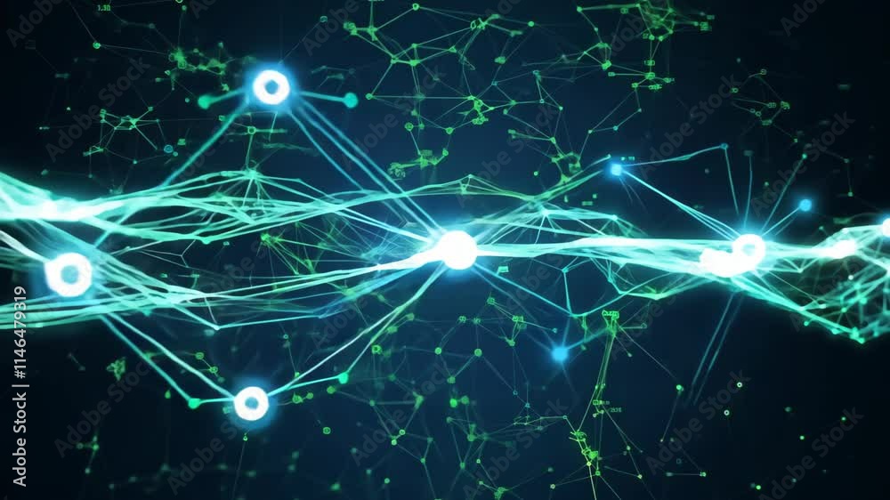Poster visual representation of data patterns illustrating connections and interactions in a digital landsc