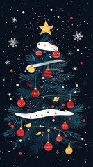 Festive Christmas Tree Decorated With Ornaments And Snow