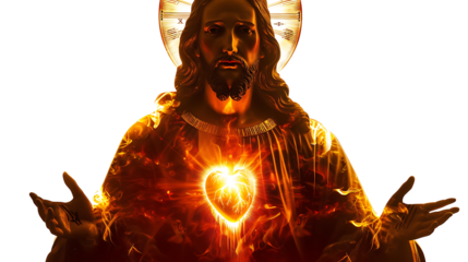 Sacred Heart of Jesus glowing with radiant flames, isolated on white, cut out