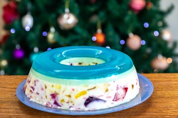 Special Christmas dessert, colored gelatin, marbled gelatin or rainbow gelatin