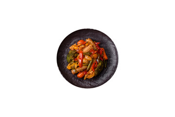 Mix of vegetables corn, carrots, peppers, broccoli, onions in teriyaki sauce