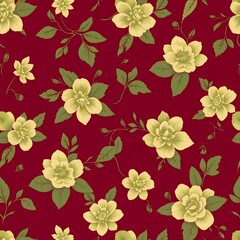 Obraz premium Burgundy Floral Pattern: Elegant and timeless, this seamless design features pale yellow flowers on a rich burgundy background. Perfect for fabric, wallpaper.