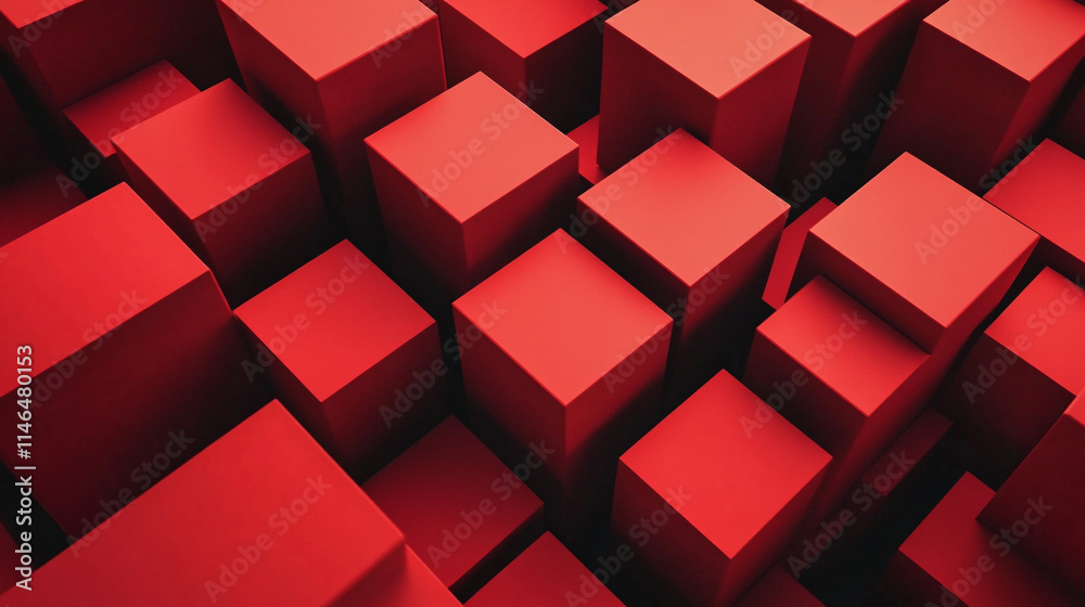 Poster Red geometric blocks arranged in a dynamic pattern for modern design. 
