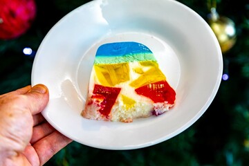 Special Christmas dessert, colored gelatin, marbled gelatin or rainbow gelatin