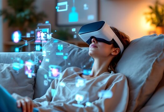 Woman using virtual reality headset on couch. Futuristic blue holographic interface. Immersive VR experience at home. Digital entertainment and technology concept