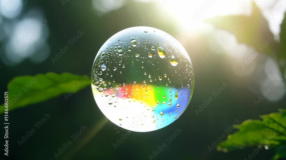 Poster bubbles reflecting sunlight and colors in a natural setting