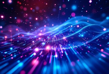 Fototapeta premium Vibrant digital abstract with blue and pink light streams. Futuristic technology background with glowing particles. Dynamic network concept for science or data visualization