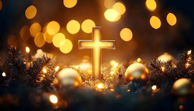 Felicitacion de navidad con la cruz cat&oacute;lica iluminada por una luz dorada celestial