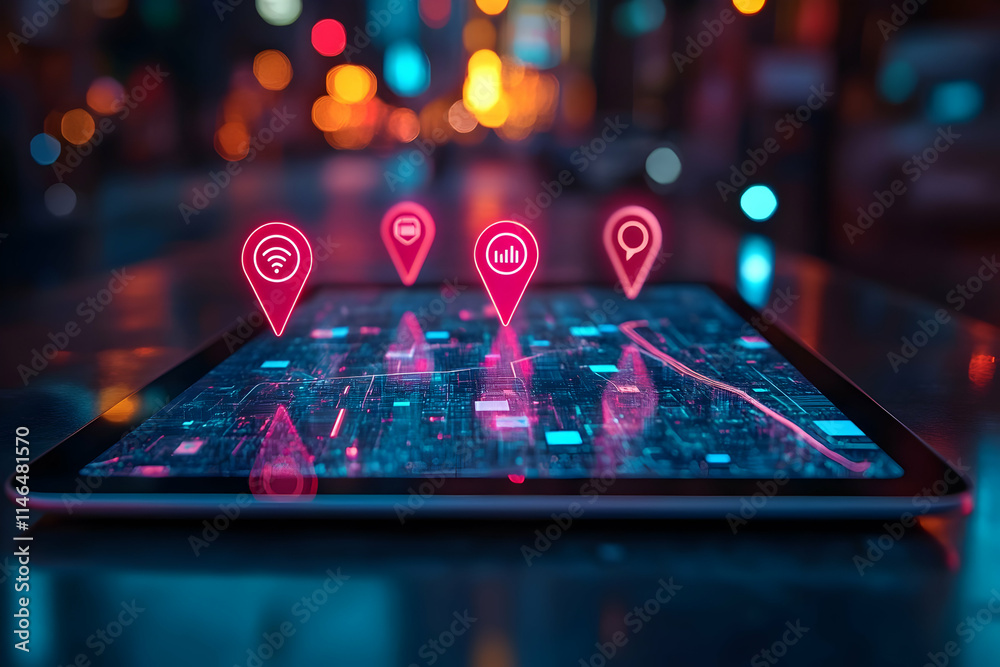 Poster a tablet displaying a digital map with location markers and data icons in a vibrant city setting.