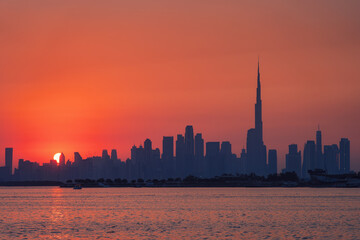 Skyline of Dubai on a sunset in United Arab Emirates