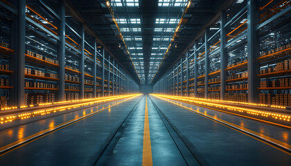 A spacious industrial warehouse with illuminated pathways and organized shelving.