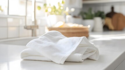 Kitchen action neatly folded white towel on counter bright home environment minimalist viewpoint
