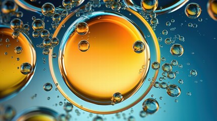 Obraz premium Abstract Circles and Bubbles in Oil with Golden Tones Floating in a Deep Blue Background for Creative Design and Artwork