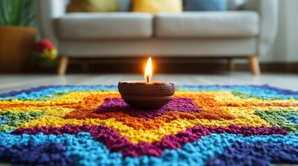 Lit candle on colorful mandala rug in living room.
