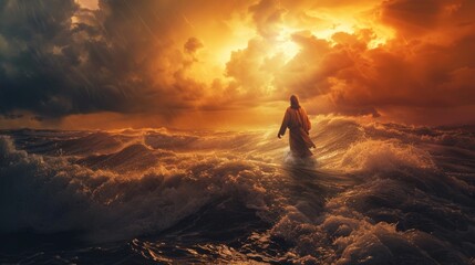 Fototapeta premium Man in robe walks on stormy sea, fiery sunset.