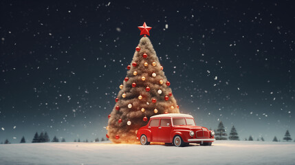 Magical night winter landscape featuring a vintage red car parked next to a glowing Christmas tree under a snowy night sky. Perfect for holiday designs, greeting cards, festive posters