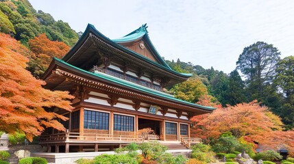 Obraz premium Autumnal Serenity Japanese Temple Amidst Colorful Foliage