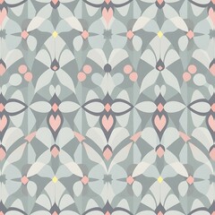Pastel Floral Pattern: A seamless design featuring delicate pastel flowers and hearts in a repeating geometric pattern. Perfect for textile prints, wallpaper, or decorative projects. 