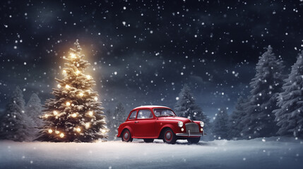 Magical night winter landscape featuring a vintage red car parked next to a glowing Christmas tree under a snowy night sky. Perfect for holiday designs, greeting cards, festive posters