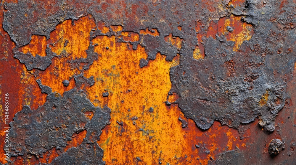 Poster close-up of weathered metal surface with peeling paint and rust.