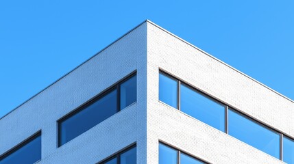 Obraz premium The corner of a modern minimalist building features a clean white facade and glass windows reflecting the clear blue sky.