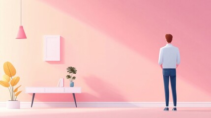 Person Standing in Modern Minimalist Room with Soft Pink Walls