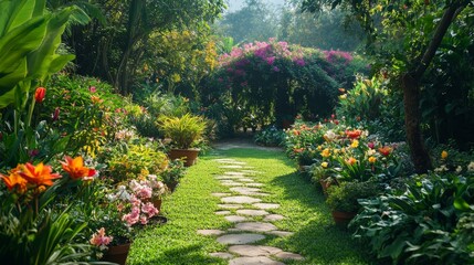 Obraz premium Serene Garden Path Amidst Lush Blooming Flowers