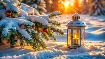 Christmas Lantern on Snowy Landscape with Fir Branches and Copy Space for Text
