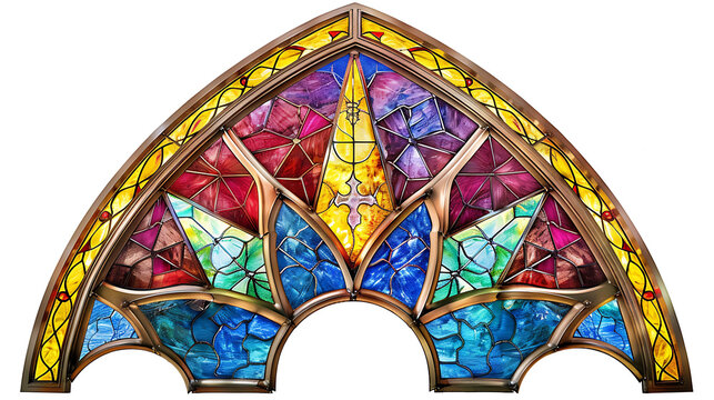Detailed depiction of a stained glass window with Christian symbols, isolated on white, cut out