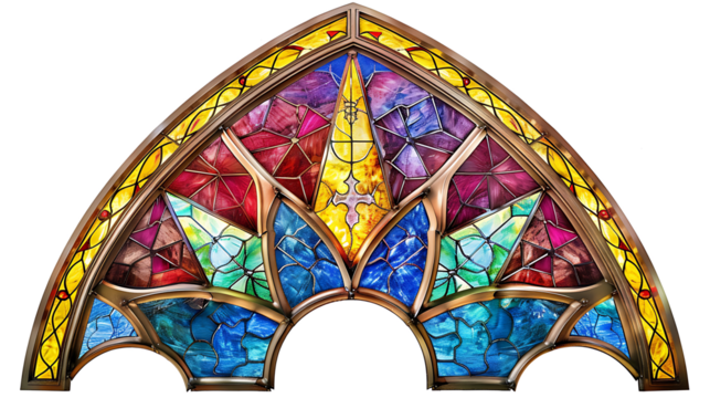 Detailed depiction of a stained glass window with Christian symbols, isolated on white, cut out