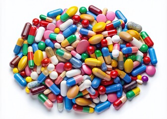 Colorful Pill Heap, Medicine Tablets, Pharmacy Drugs, Top View, Isolated White Background, Pharmaceutical Pills, Capsule Medication