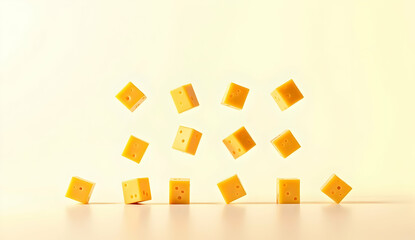 Cheesy Delight: Cubes of cheddar tumbling in a playful, vibrant dance against a soft, creamy backdrop.