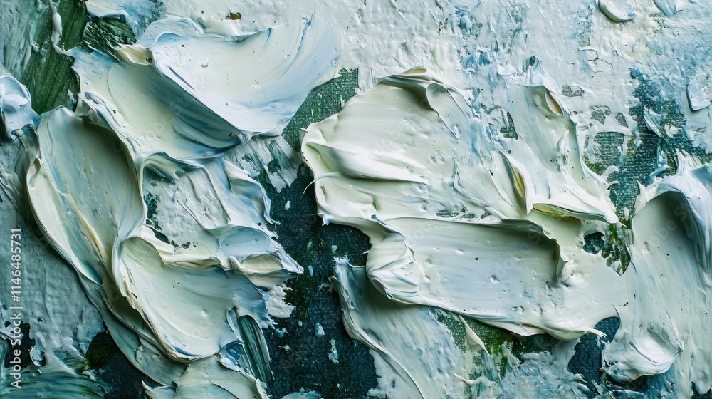 Poster close-up view of textured paint in various shades of white and blue, showcasing artistic technique.